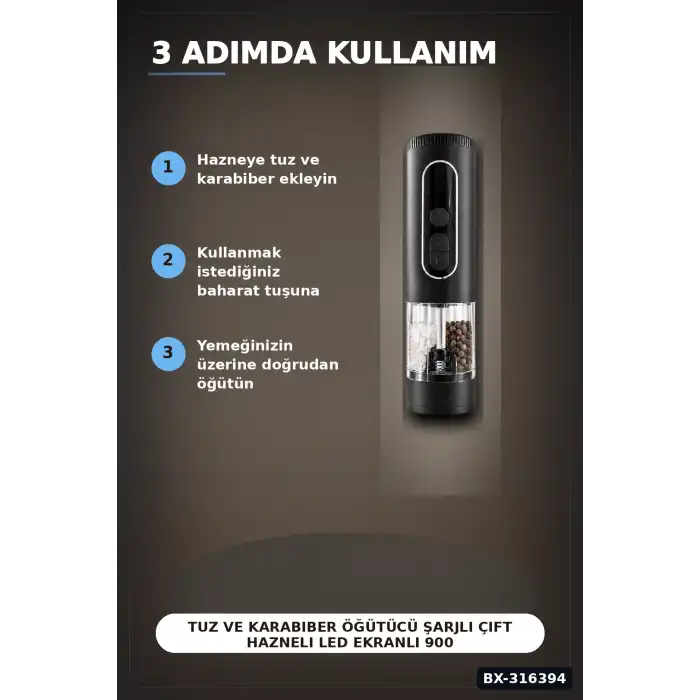 Tuz ve Karabiber Öğütücü Şarjlı Çift Hazneli LED Ekranlı 900 mAh Model BX-316394