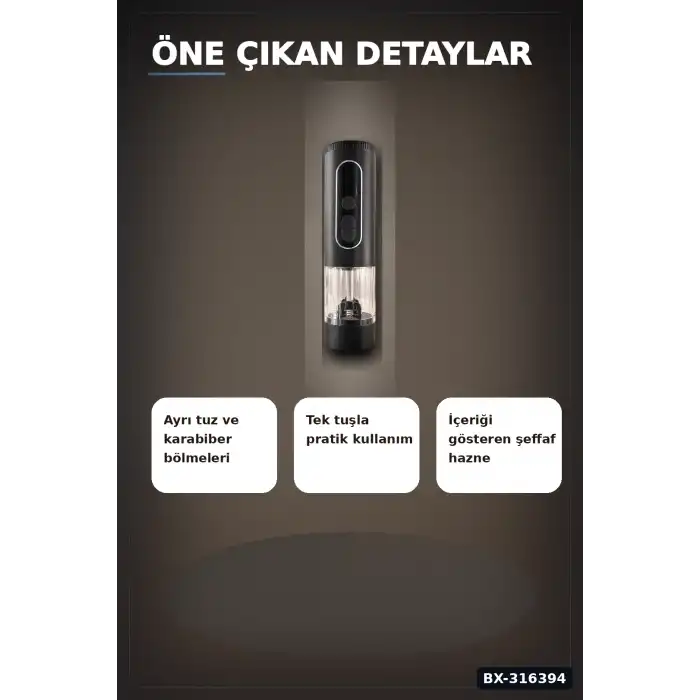 Tuz ve Karabiber Öğütücü Şarjlı Çift Hazneli LED Ekranlı 900 mAh Model BX-316394