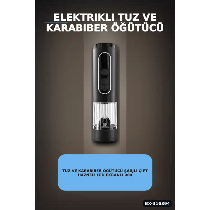 Tuz ve Karabiber Öğütücü Şarjlı Çift Hazneli LED Ekranlı 900 mAh Model BX-316394