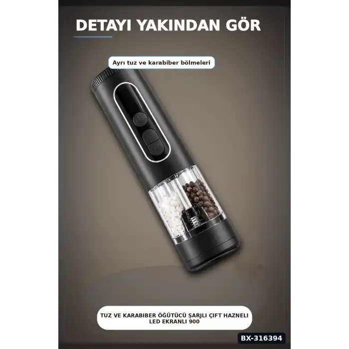 Tuz ve Karabiber Öğütücü Şarjlı Çift Hazneli LED Ekranlı 900 mAh Model BX-316394