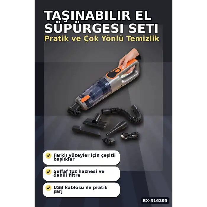 Araç İçi El Süpürgesi Şarjlı USB Kablolu Esnek Hortumlu Temizlik Seti BX-316395
