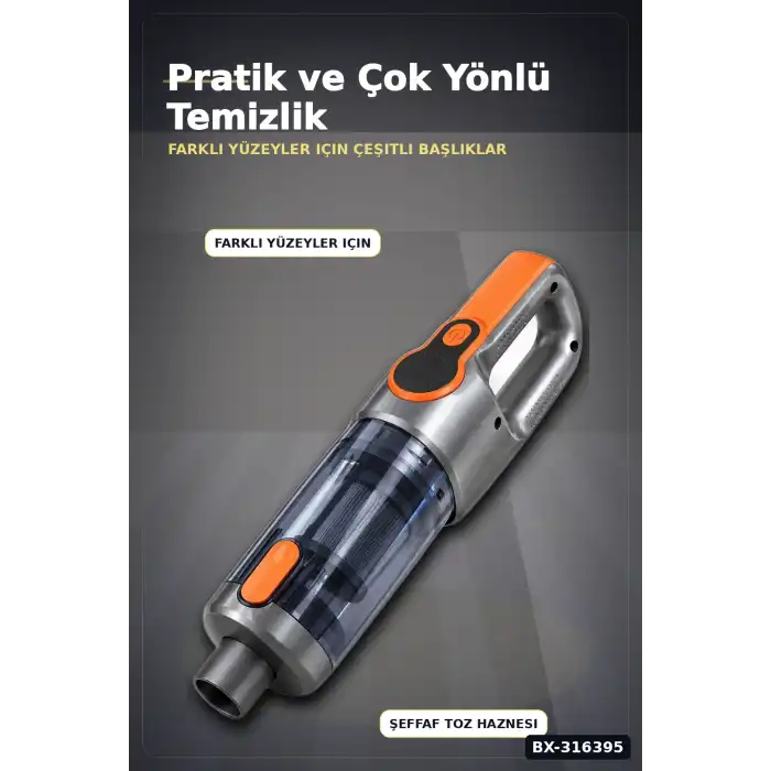 Araç İçi El Süpürgesi Şarjlı USB Kablolu Esnek Hortumlu Temizlik Seti BX-316395
