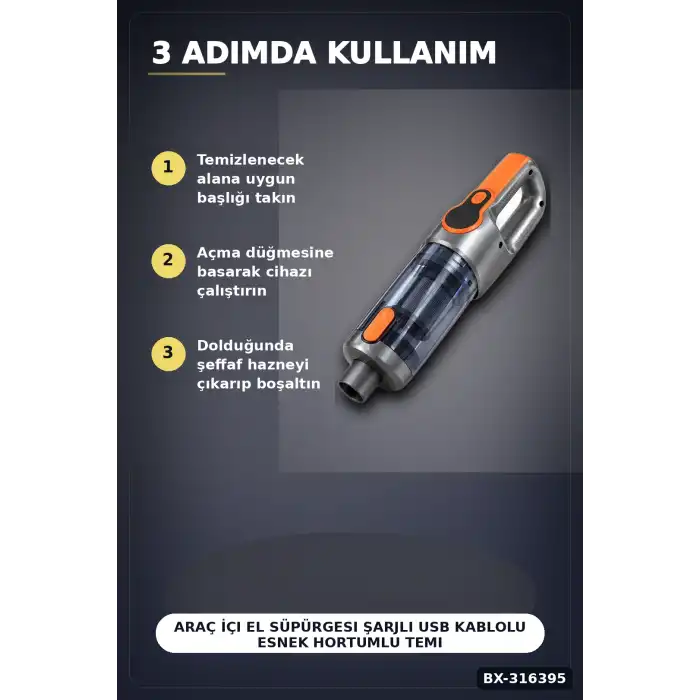 Araç İçi El Süpürgesi Şarjlı USB Kablolu Esnek Hortumlu Temizlik Seti BX-316395