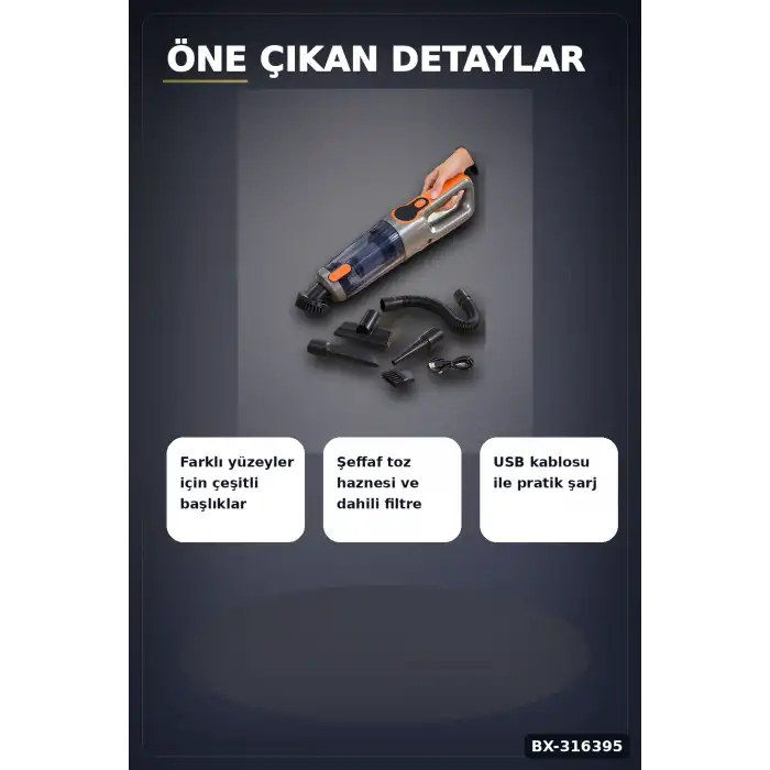 Araç İçi El Süpürgesi Şarjlı USB Kablolu Esnek Hortumlu Temizlik Seti BX-316395