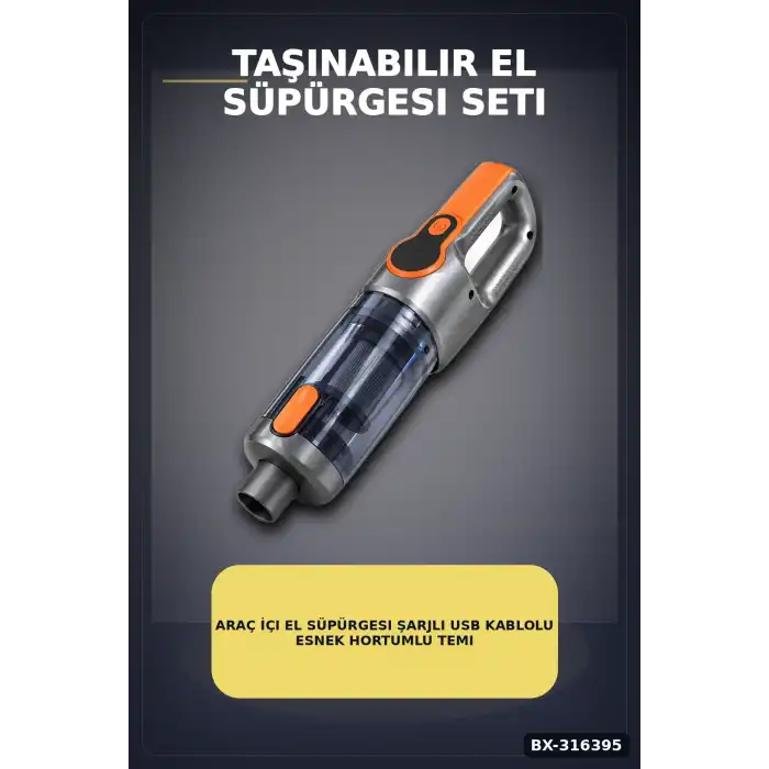 Araç İçi El Süpürgesi Şarjlı USB Kablolu Esnek Hortumlu Temizlik Seti BX-316395