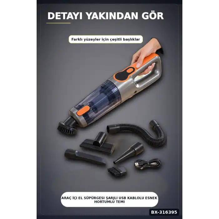 Araç İçi El Süpürgesi Şarjlı USB Kablolu Esnek Hortumlu Temizlik Seti BX-316395