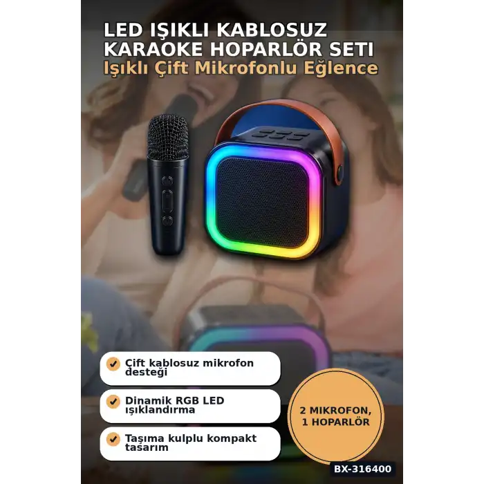 Karaoke Hoparlör Seti Çift Kablosuz Mikrofonlu Bluetooth 5.3 LED Işıklı BX-316400