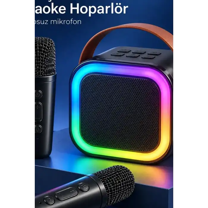 Karaoke Hoparlör Seti Çift Kablosuz Mikrofonlu Bluetooth 5.3 LED Işıklı BX-316400