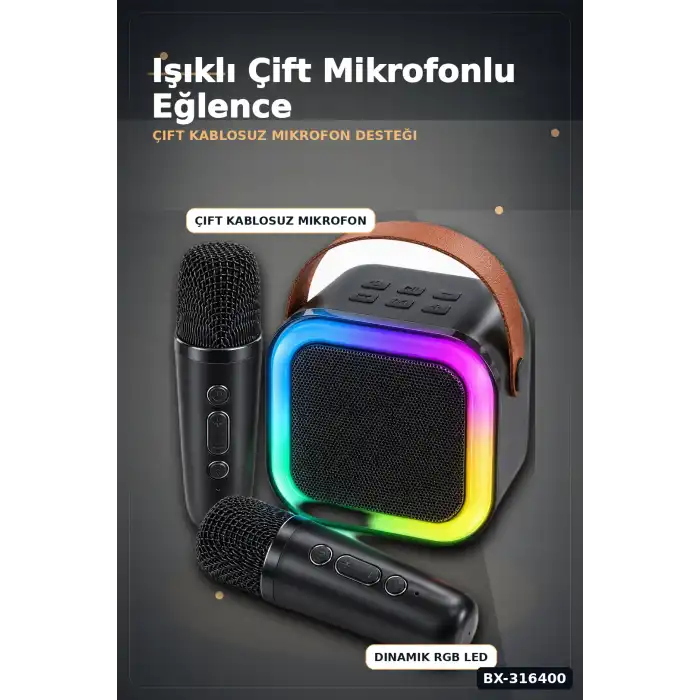 Karaoke Hoparlör Seti Çift Kablosuz Mikrofonlu Bluetooth 5.3 LED Işıklı BX-316400