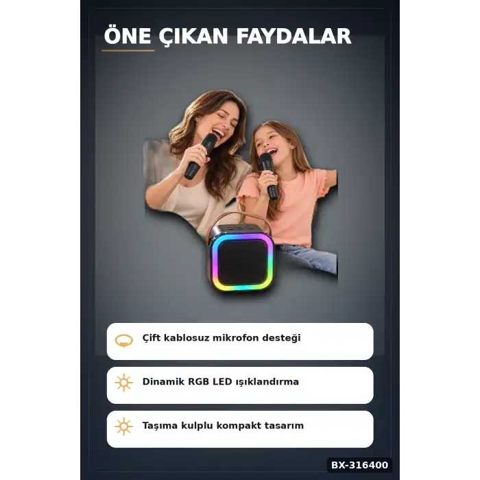 Karaoke Hoparlör Seti Çift Kablosuz Mikrofonlu Bluetooth 5.3 LED Işıklı BX-316400