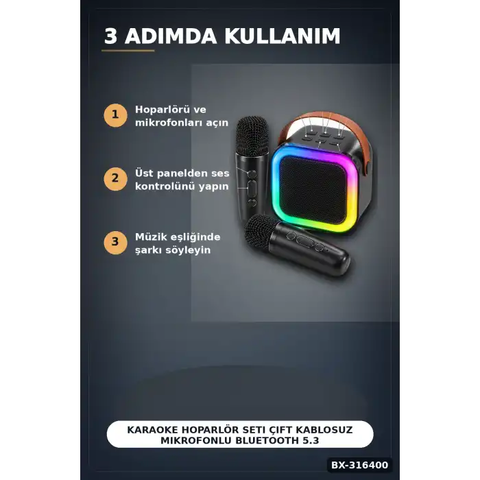 Karaoke Hoparlör Seti Çift Kablosuz Mikrofonlu Bluetooth 5.3 LED Işıklı BX-316400