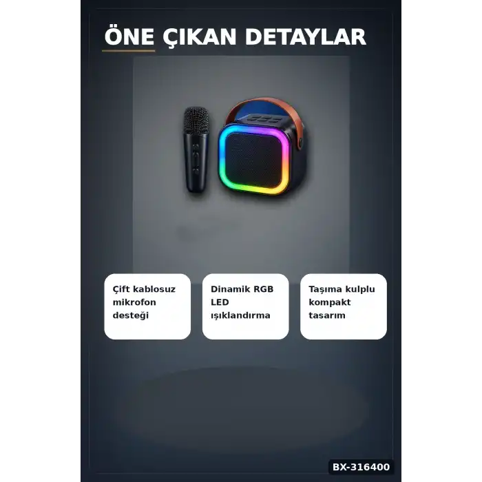 Karaoke Hoparlör Seti Çift Kablosuz Mikrofonlu Bluetooth 5.3 LED Işıklı BX-316400