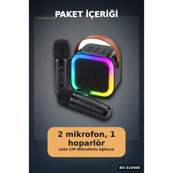 Karaoke Hoparlör Seti Çift Kablosuz Mikrofonlu Bluetooth 5.3 LED Işıklı BX-316400