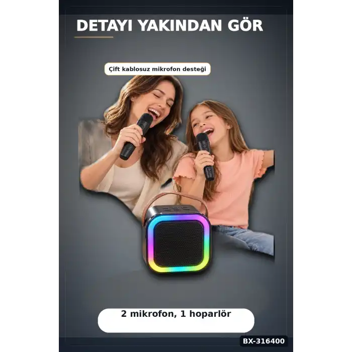 Karaoke Hoparlör Seti Çift Kablosuz Mikrofonlu Bluetooth 5.3 LED Işıklı BX-316400