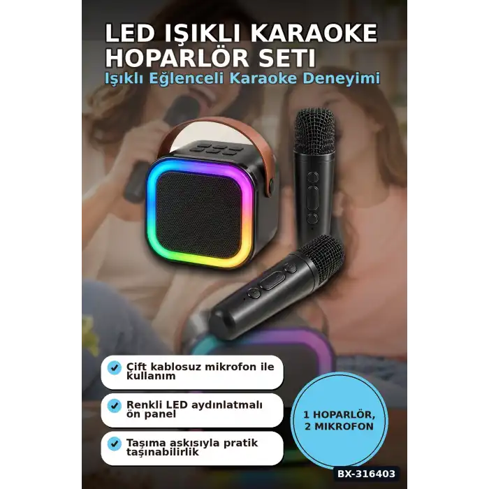 Karaoke Ses Sistemi 2 Kablosuz Mikrofonlu Bluetooth Hoparlör LED Işıklı BX-316403