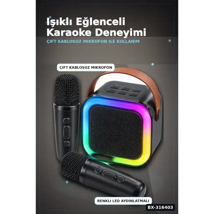 Karaoke Ses Sistemi 2 Kablosuz Mikrofonlu Bluetooth Hoparlör LED Işıklı BX-316403