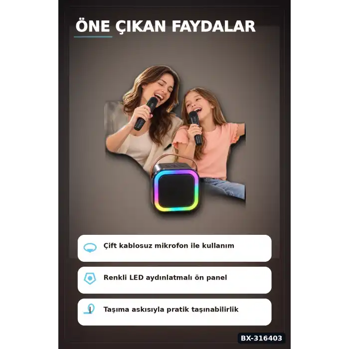 Karaoke Ses Sistemi 2 Kablosuz Mikrofonlu Bluetooth Hoparlör LED Işıklı BX-316403