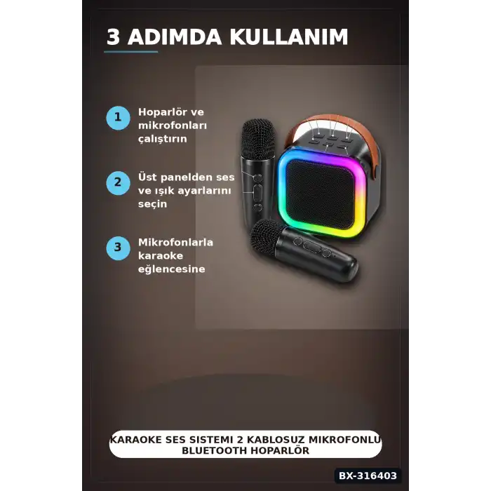 Karaoke Ses Sistemi 2 Kablosuz Mikrofonlu Bluetooth Hoparlör LED Işıklı BX-316403