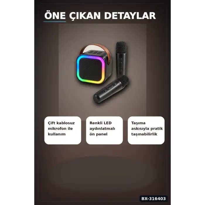 Karaoke Ses Sistemi 2 Kablosuz Mikrofonlu Bluetooth Hoparlör LED Işıklı BX-316403