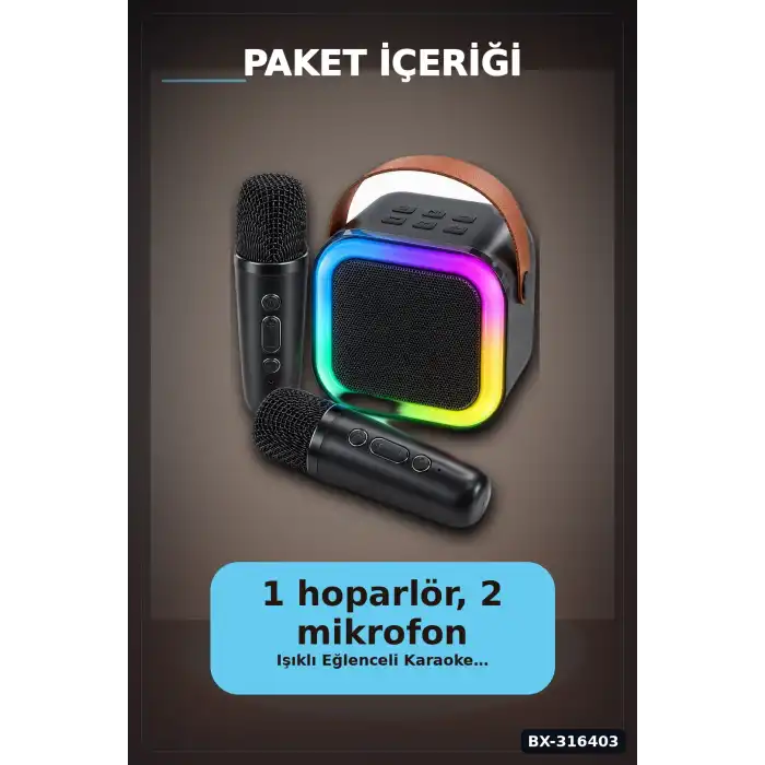 Karaoke Ses Sistemi 2 Kablosuz Mikrofonlu Bluetooth Hoparlör LED Işıklı BX-316403