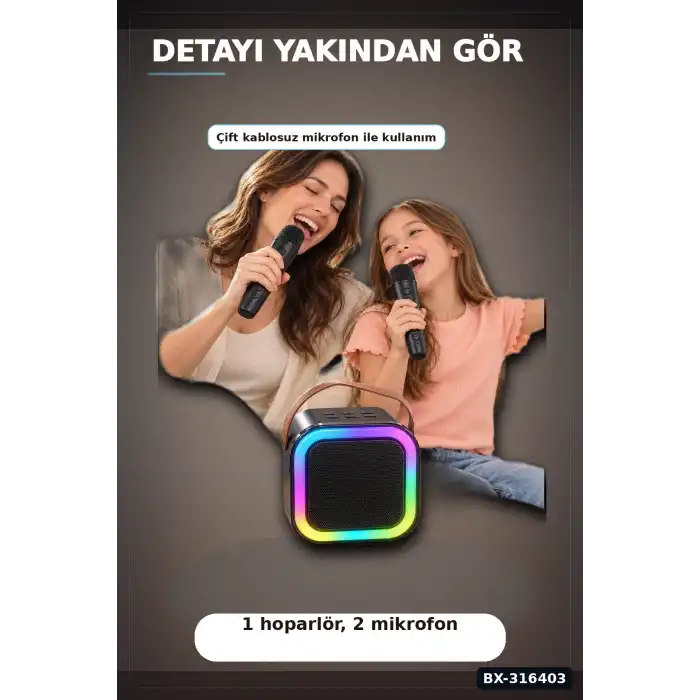 Karaoke Ses Sistemi 2 Kablosuz Mikrofonlu Bluetooth Hoparlör LED Işıklı BX-316403