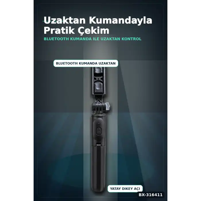 Bluetooth Kumandalı Selfie Çubuğu Katlanabilir Döner Telefon Tutuculu Model BX-316411