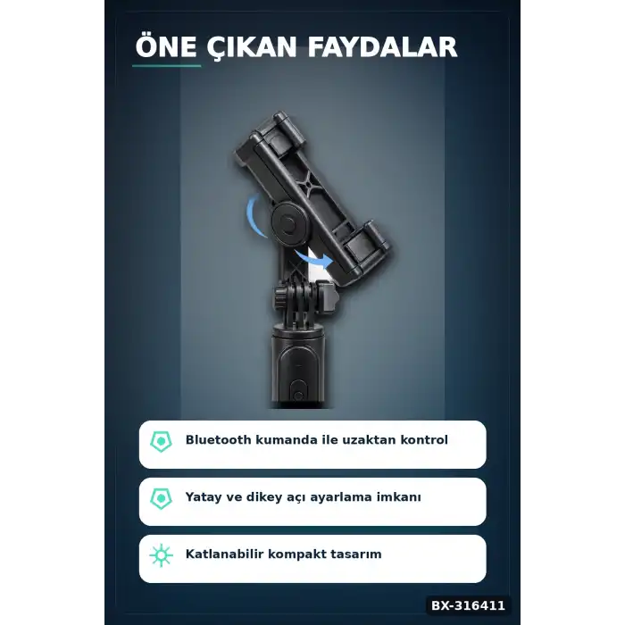 Bluetooth Kumandalı Selfie Çubuğu Katlanabilir Döner Telefon Tutuculu Model BX-316411