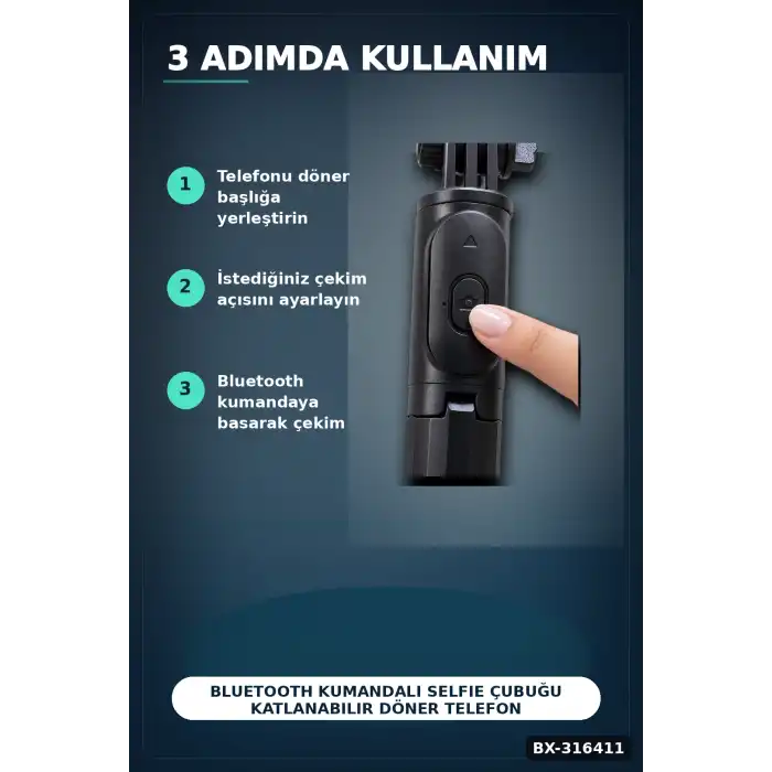 Bluetooth Kumandalı Selfie Çubuğu Katlanabilir Döner Telefon Tutuculu Model BX-316411