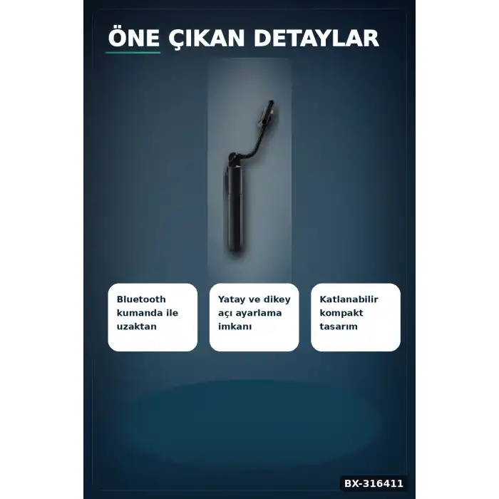 Bluetooth Kumandalı Selfie Çubuğu Katlanabilir Döner Telefon Tutuculu Model BX-316411