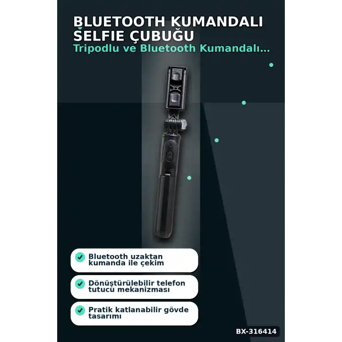 Telefon Selfie Çubuğu Bluetooth Kumandalı Katlanabilir Gövde Yatay Dikey Çekim BX-316414