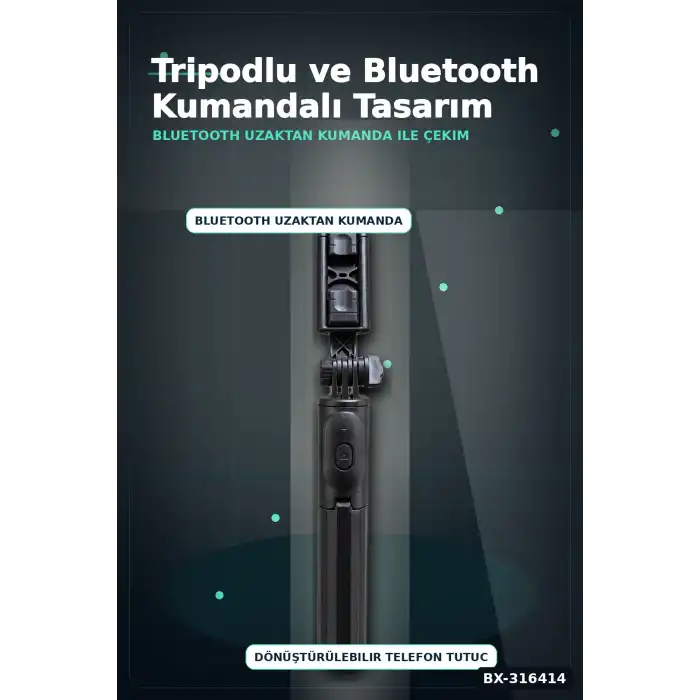 Telefon Selfie Çubuğu Bluetooth Kumandalı Katlanabilir Gövde Yatay Dikey Çekim BX-316414