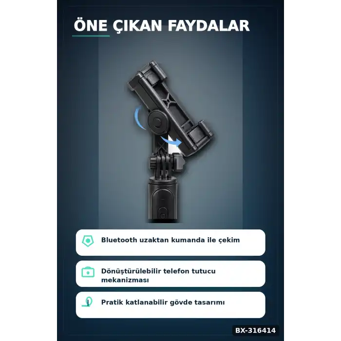 Telefon Selfie Çubuğu Bluetooth Kumandalı Katlanabilir Gövde Yatay Dikey Çekim BX-316414