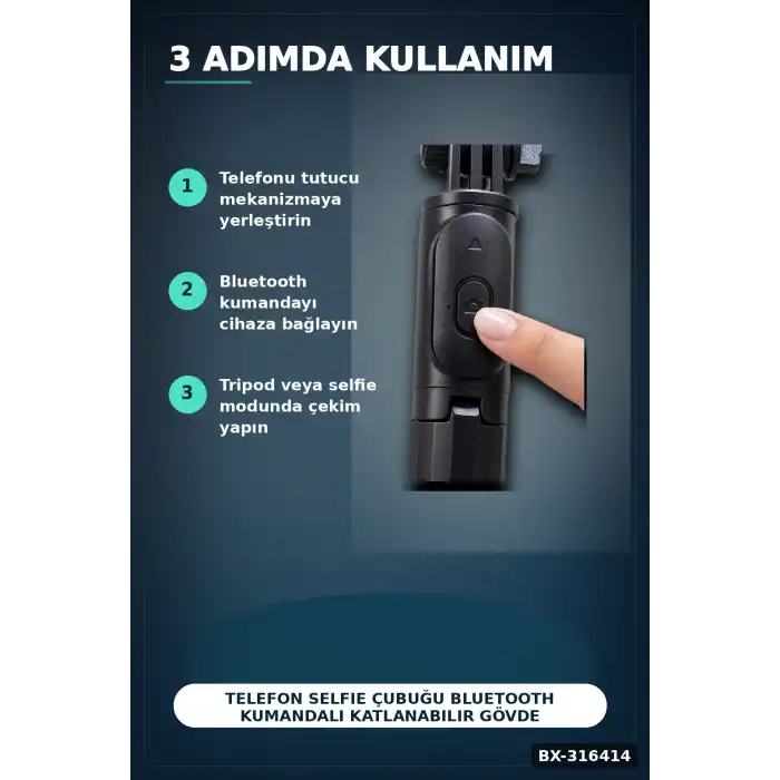 Telefon Selfie Çubuğu Bluetooth Kumandalı Katlanabilir Gövde Yatay Dikey Çekim BX-316414