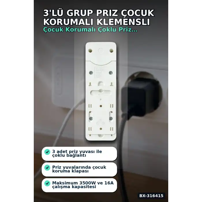 3lü Grup Priz Çocuk Korumalı Klemensli 16A 250V Topraklı 2P+E Çoklu Priz BX-316415
