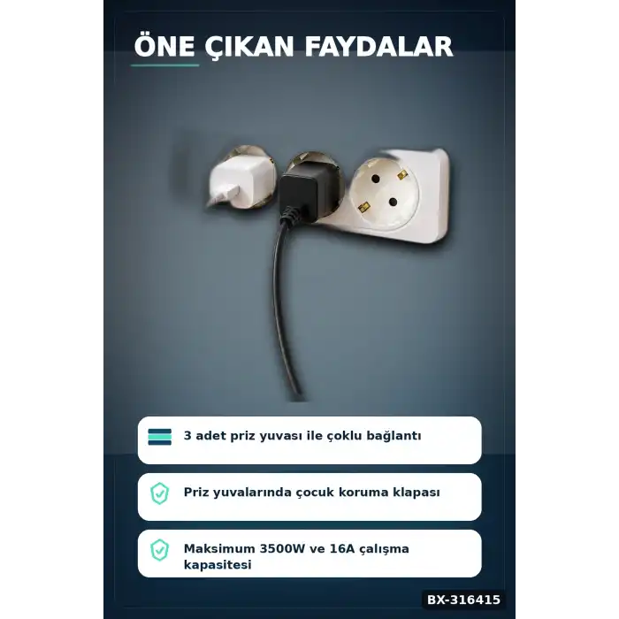 3lü Grup Priz Çocuk Korumalı Klemensli 16A 250V Topraklı 2P+E Çoklu Priz BX-316415