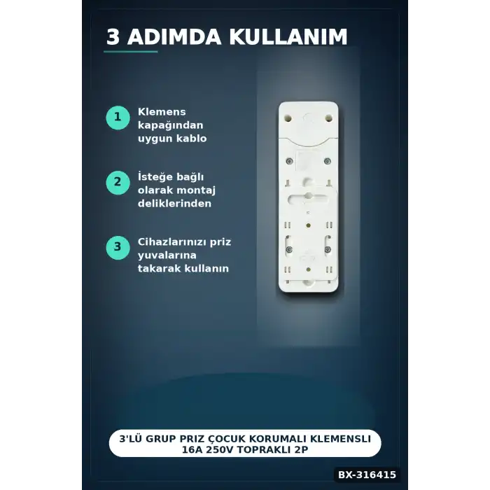 3lü Grup Priz Çocuk Korumalı Klemensli 16A 250V Topraklı 2P+E Çoklu Priz BX-316415