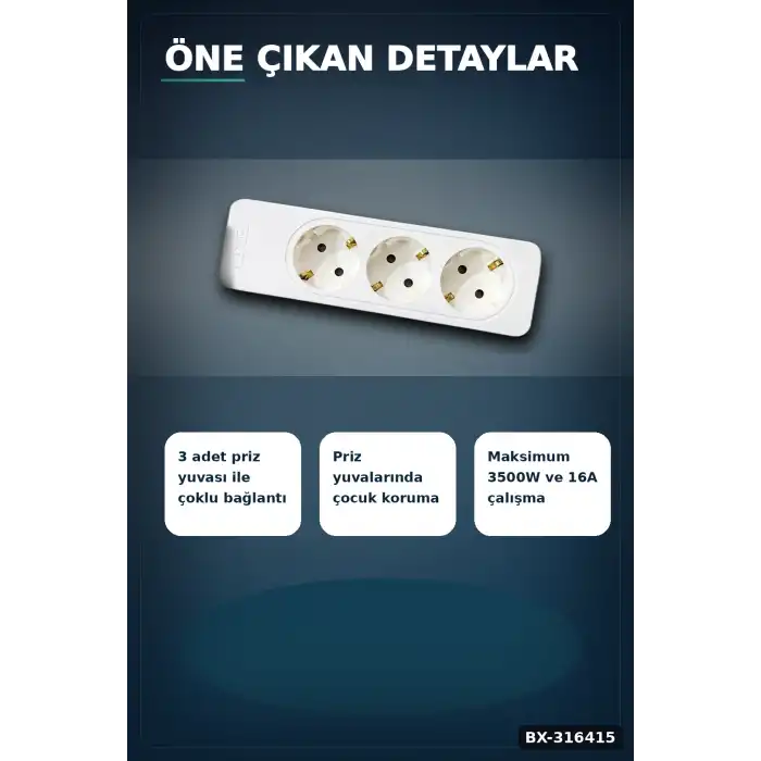 3lü Grup Priz Çocuk Korumalı Klemensli 16A 250V Topraklı 2P+E Çoklu Priz BX-316415
