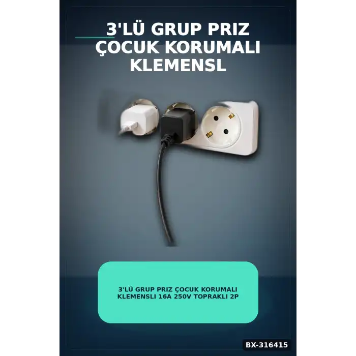 3lü Grup Priz Çocuk Korumalı Klemensli 16A 250V Topraklı 2P+E Çoklu Priz BX-316415