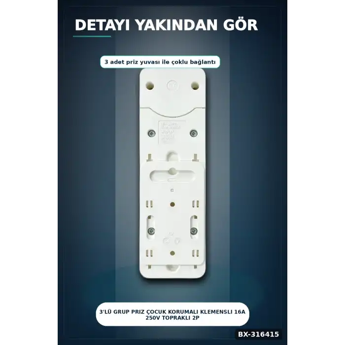 3lü Grup Priz Çocuk Korumalı Klemensli 16A 250V Topraklı 2P+E Çoklu Priz BX-316415