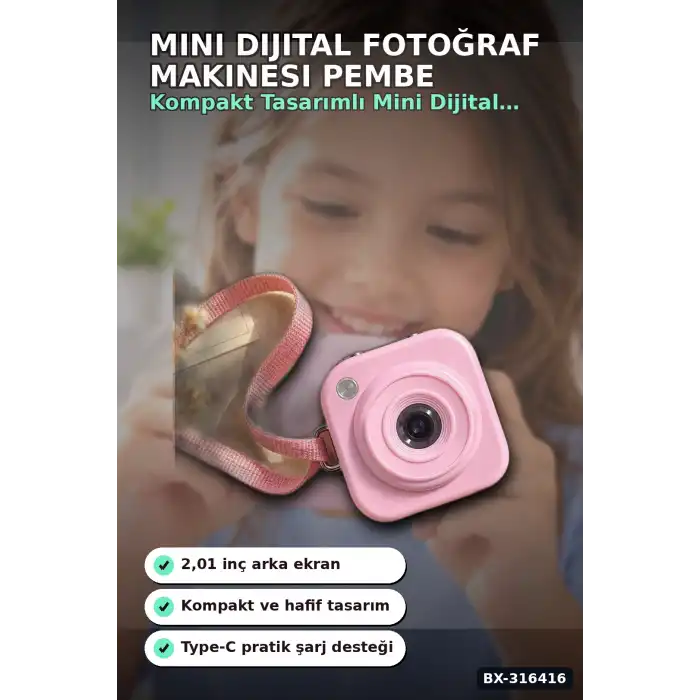 Mini Dijital Fotoğraf Makinesi 2,01 İnç Ekran Type C Şarjlı Pembe Cep Boy BX-316416