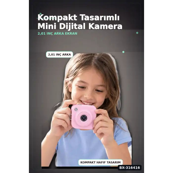 Mini Dijital Fotoğraf Makinesi 2,01 İnç Ekran Type C Şarjlı Pembe Cep Boy BX-316416