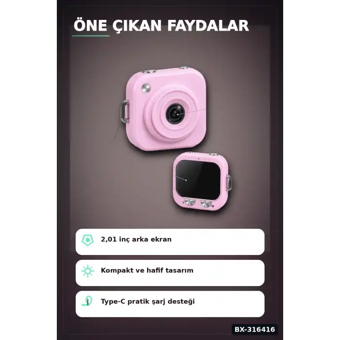 Mini Dijital Fotoğraf Makinesi 2,01 İnç Ekran Type C Şarjlı Pembe Cep Boy BX-316416