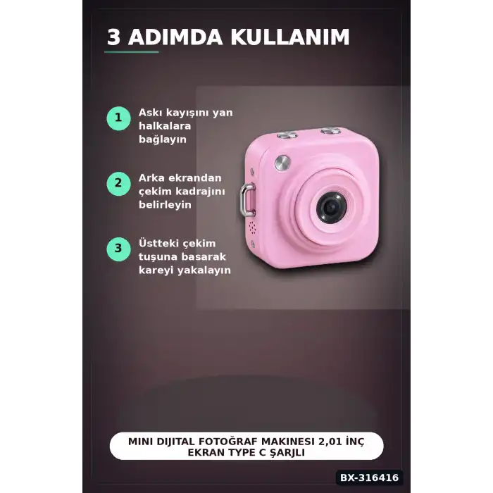 Mini Dijital Fotoğraf Makinesi 2,01 İnç Ekran Type C Şarjlı Pembe Cep Boy BX-316416