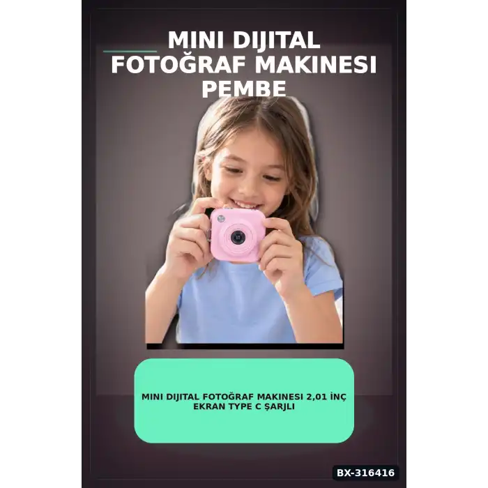 Mini Dijital Fotoğraf Makinesi 2,01 İnç Ekran Type C Şarjlı Pembe Cep Boy BX-316416