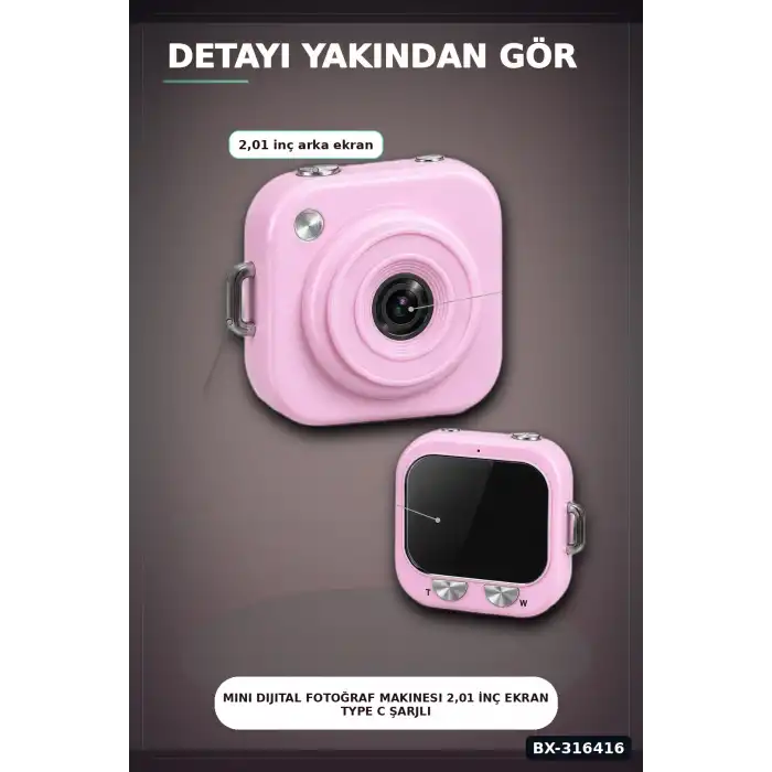 Mini Dijital Fotoğraf Makinesi 2,01 İnç Ekran Type C Şarjlı Pembe Cep Boy BX-316416