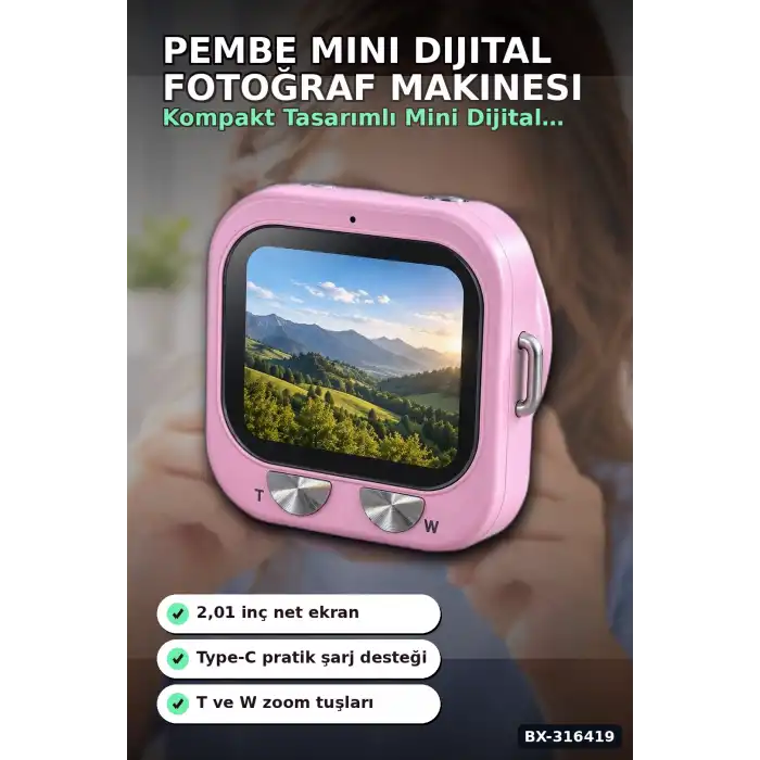 Mini Dijital Fotoğraf Makinesi 2.01 İnç Ekranlı Type C Şarjlı Pembe Kamera BX-316419