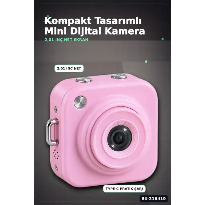 Mini Dijital Fotoğraf Makinesi 2.01 İnç Ekranlı Type C Şarjlı Pembe Kamera BX-316419