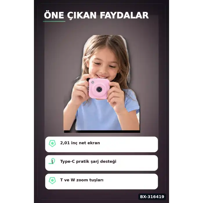 Mini Dijital Fotoğraf Makinesi 2.01 İnç Ekranlı Type C Şarjlı Pembe Kamera BX-316419