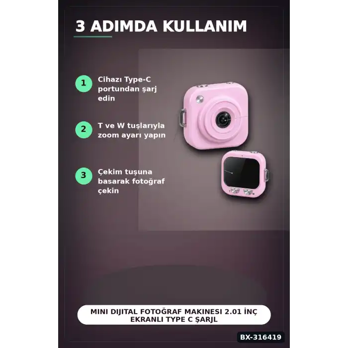 Mini Dijital Fotoğraf Makinesi 2.01 İnç Ekranlı Type C Şarjlı Pembe Kamera BX-316419