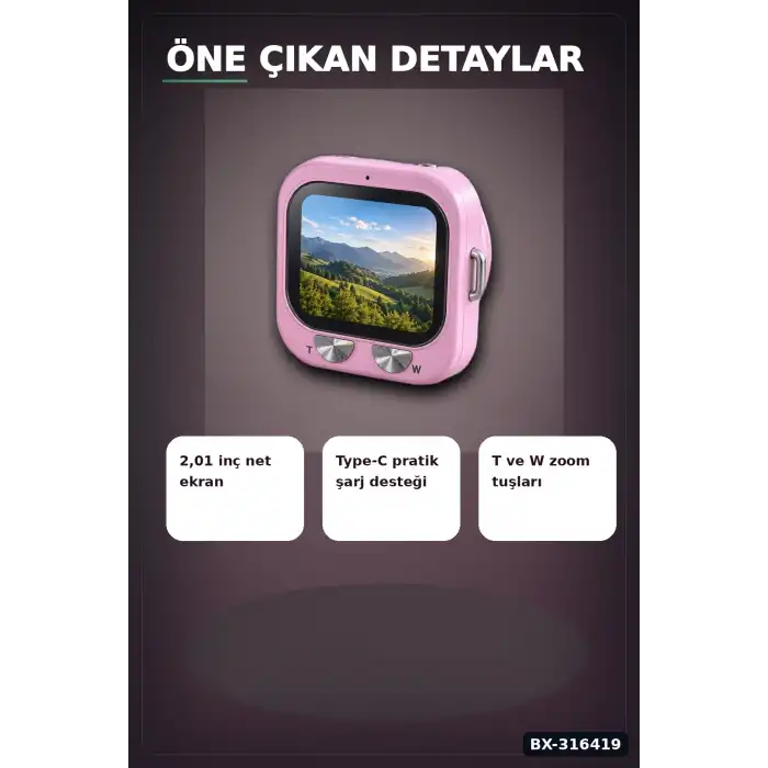 Mini Dijital Fotoğraf Makinesi 2.01 İnç Ekranlı Type C Şarjlı Pembe Kamera BX-316419